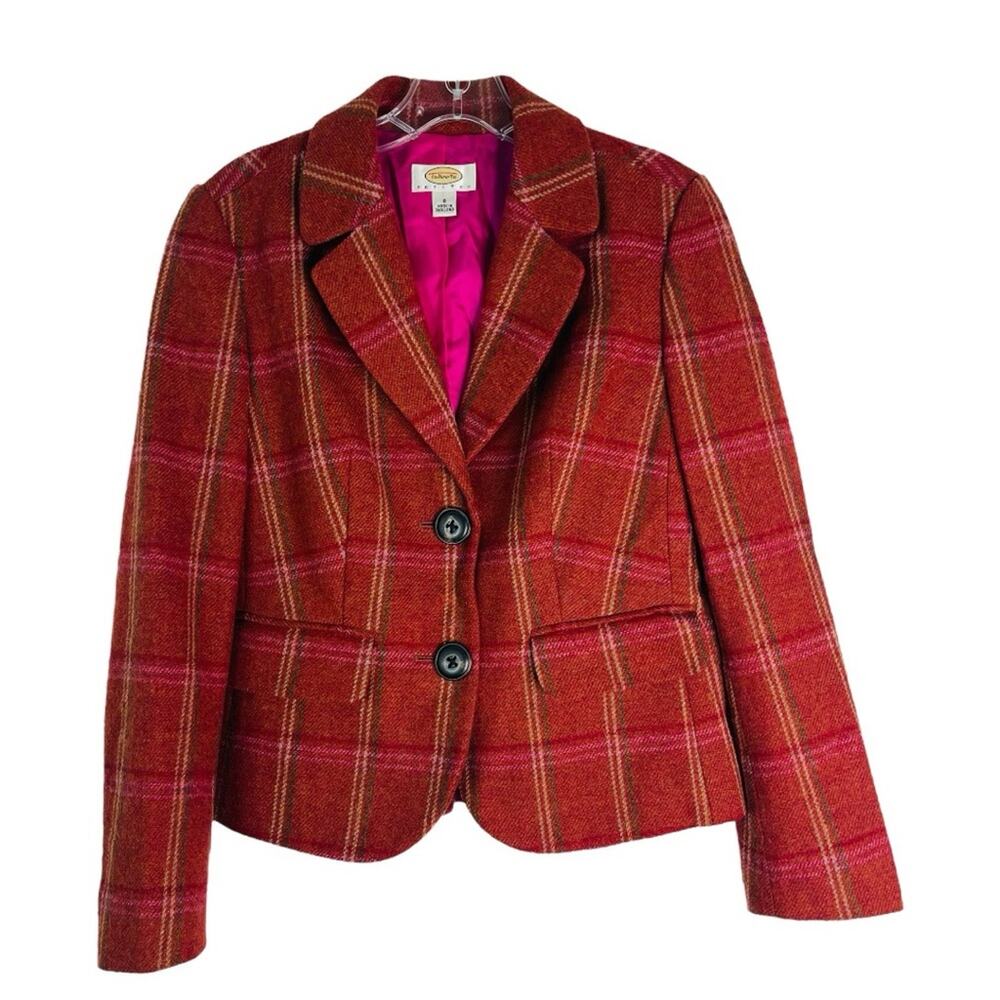 Vintage Talbots orange tan wool plaid button preppy academia blazer jacket 8